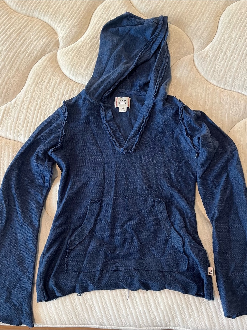 BDG Urban Outfitters Blue Knit Hooded Sweater Distressed Raw Hem Flare Sleeve S